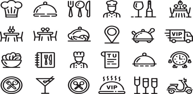 Restaurant, Dining, and Food Service Line Icons Set: Chef, Table, Menu, Location & Drink Symbols vectori llustration icon design 