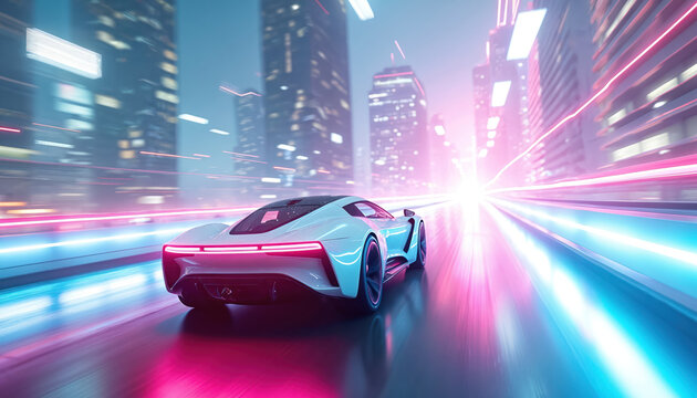 Futuristic electric car speeds down a highway in a neon city at night. White sports vehicle drives fast with motion blur. Modern auto races through an urban cyberpunk metropolis. - Powered by Adobe