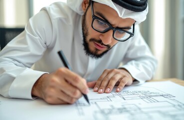 Young arab man in traditional kandura and glasses works on architectural blueprint. He draws with pen on paper. Male student or architect creates project at desk in office or studio.