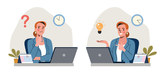 Young woman before the laptop with question mark in think bubble and  finding new idea. Shiny light bulb. Flat style cartoon vector illustration.