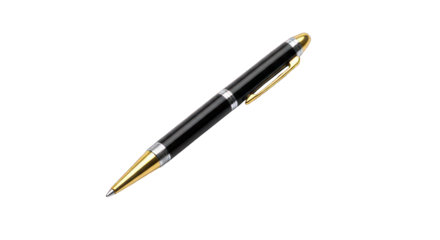 Sleek black pen with gold accents, resting against a stark black background