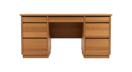 Simple wooden desk with multiple drawers and open center on black