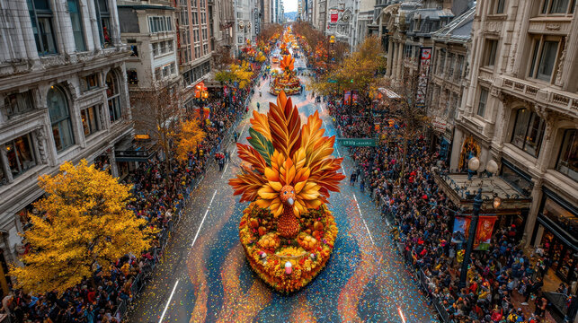 Vibrant parade with colorful floats adorned with autumn themed decorations moves through bustling city street lined with spectators. scene is lively and festive, capturing essence of joyful