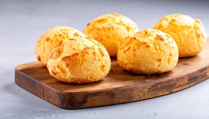 Golden Cheese Breads on Wooden Board Freshly Baked Cheesy Buns Culinary Delight for Breakfast or Snack Gourmet Food Photo.