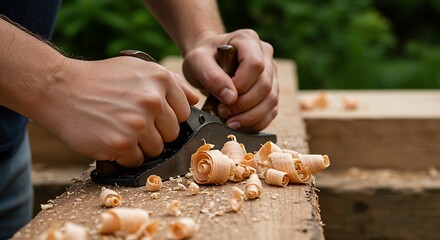 Hands using hand plane shaving wood with curls on wooden surface woodworking wood shavings