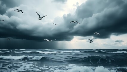 Obraz premium squall. Storm clouds gathering above a rough sea with seagulls in flight. ESG reports, sustainability campaigns, designed for environmental awareness campaigns, promotes sustainability.