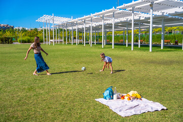 Mother and daughter playing soccer in summer park