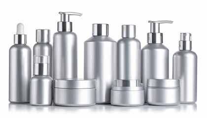 Silver Cosmetic Product Mockup Set for Beauty and Personal Care Branding Blank Packaging for Skin and Hair Care.