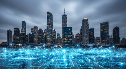 Data Network Connecting Modern City Skyline at Dusk