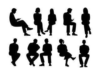 people sitting without chair silhouette set for architectural, men and women talking, messaging, using phone. front and side view, black shadow elevation. illustration isolated on white background.