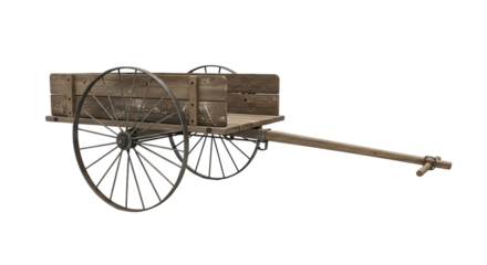 A weathered wooden cart with metal wheels isolated against a black background in a studio shot created with generated ai