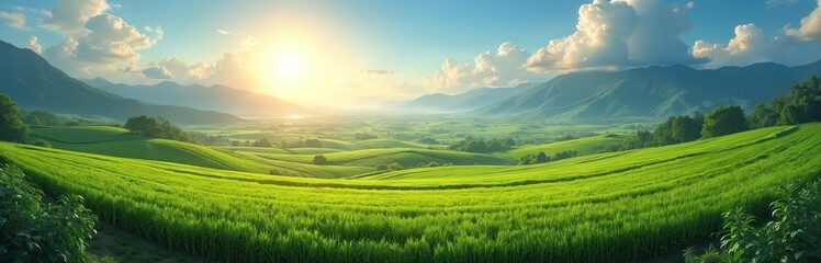 Fototapeta premium Illustration of a bright green farmland under sunlight with hills and mountains on background. Fields of crop grow on the landscape under a clear sky.