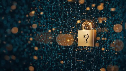 Golden padlock symbolizes security and protection against digital threats, surrounded by binary code and glowing data streams in technology - Powered by Adobe