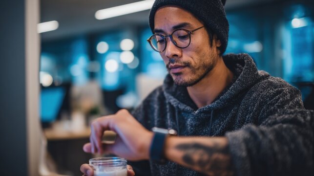 Young Asian man with glasses and a beanie, sitting at a desk, focused on a small container while working on a laptop in a modern office environment. - Powered by Adobe