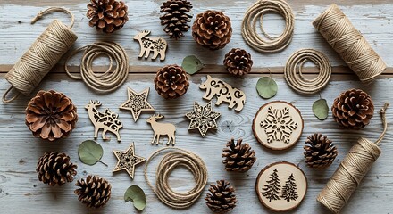 A rustic collection of natural Christmas ornaments and twine arranged on a wooden surface.