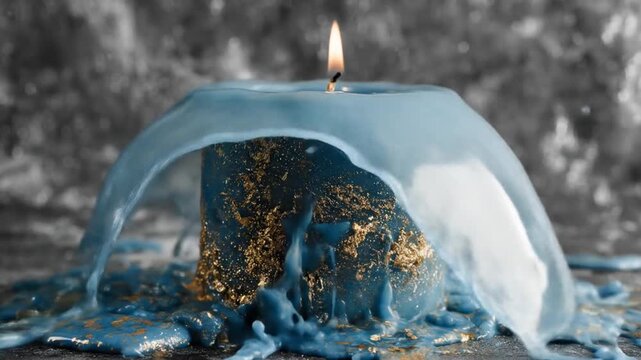 Blue candle with gold flakes on a textured surface artistic close up
