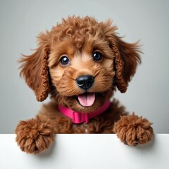 Cute brown puppy dog with curly fur, pink collar smiles happily. Little dog peeks over white surface, showing pink tongue. Adorable canine pet looks friendly.
