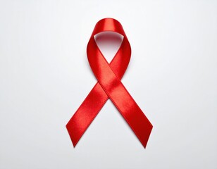 Vivid red satin ribbon is meticulously folded into a distinct loop shape, placed precisely on a bright, uncluttered white surface.