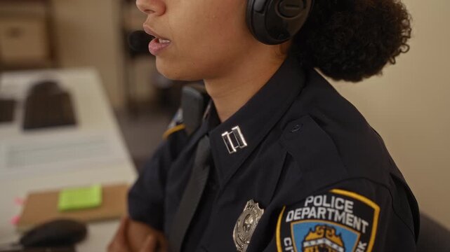Woman in police uniform working indoors at a station while wearing a headset, showcasing a professional office environment.