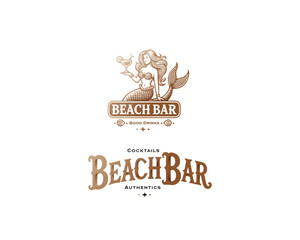 Mermaid lounging inside a cocktail glass logo template