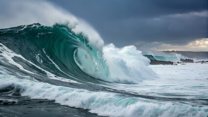 Fototapeta premium Dramatic turquoise wave crashes powerfully under moody skies, showcasing raw ocean energy and coastal beauty perfect for adventure and travel marketing