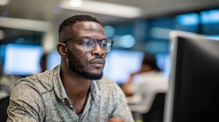 A young African man with glasses focuses intently on a computer screen in a modern office environment. The background shows blurred colleagues working.