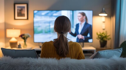 Woman engrossed in television program at home in cozy living room