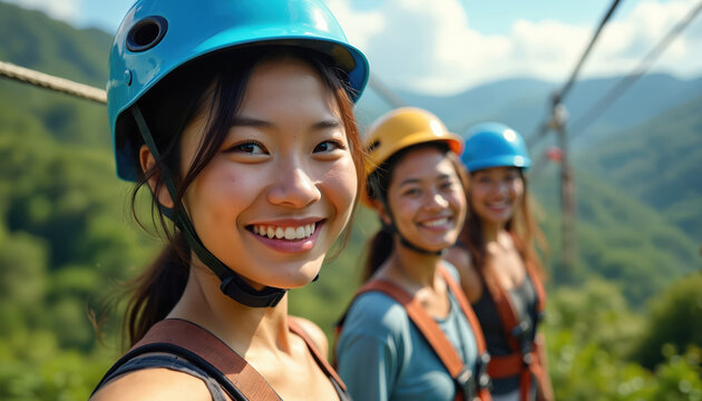 Smiling young Asian women in helmets prepare for ziplining adventure in mountains. Group of friends enjoy active leisure time, outdoor fun, vacation trip. Summer activity concept with beautiful