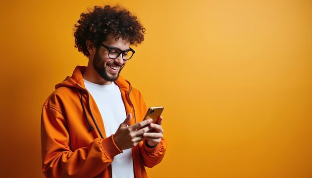 Curly haired guy in orange jacket holds gold mobile phone. Man smiles, chats online. Modern happy male holds cellular. Guy enjoys new mobile application on his smartphone with cyberspace background. - Powered by Adobe