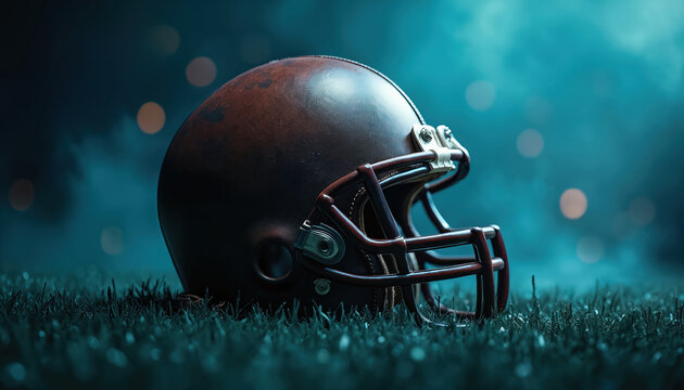 Brown leather football helmet rests on green grass field. Dark moody background with soft bokeh lights creates vintage, atmospheric sports scene. Headgear signifies legacy, competition in american - Powered by Adobe