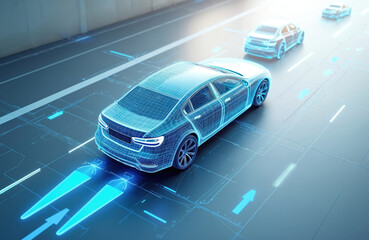 Digital wireframe cars drive on futuristic road with glowing navigation arrows. Automated transport network uses advanced sensors and AI for safe driving. Future mobility concepts visualized.