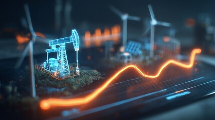 Abstract digital illustration of oil pump, wind turbines and solar panels on dark background with rising graph. Concept for renewable energy investment, future energy sources and sustainable