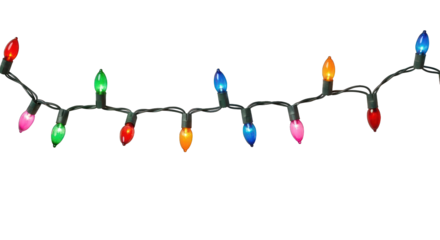 String of colorful bulbs glowing against a stark black background