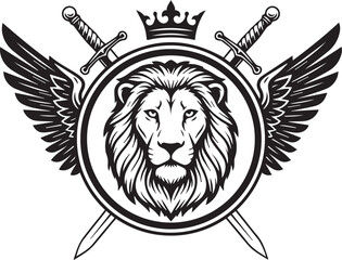 Obraz premium Lion head crest with swords and wings on white background Keywords: lion, crest, emblem
