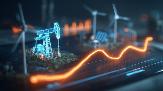 Abstract digital illustration of oil pump, wind turbines and solar panels on dark background with rising graph. Concept for renewable energy investment, future energy sources and sustainable