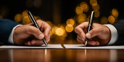 Close up of two hands signing document with fountain pen on a wooden table. Concept for business agreement, partnership deal and formal commitment
