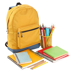 Yellow backpack with school supplies isolated on transparent background