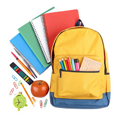Yellow backpack with school supplies, isolated on transparent background