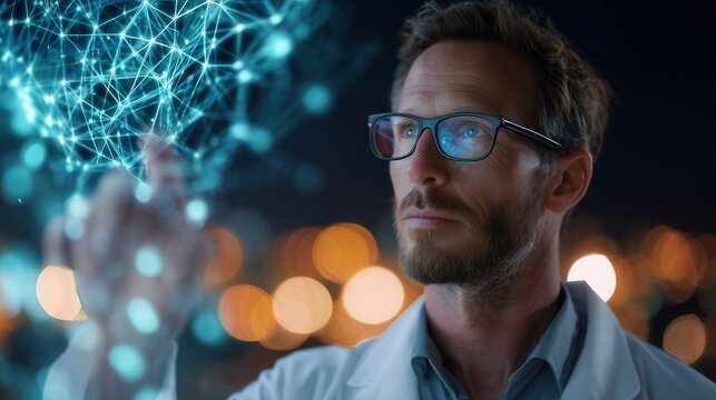 Man in lab coat touching a digital network sphere, illuminated with city lights bokeh in background. Concept for futuristic technology, scientific research and AI development