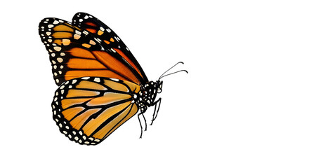 Close up of a monarch butterfly with orange and black wings against a black background space for text created with generated ai