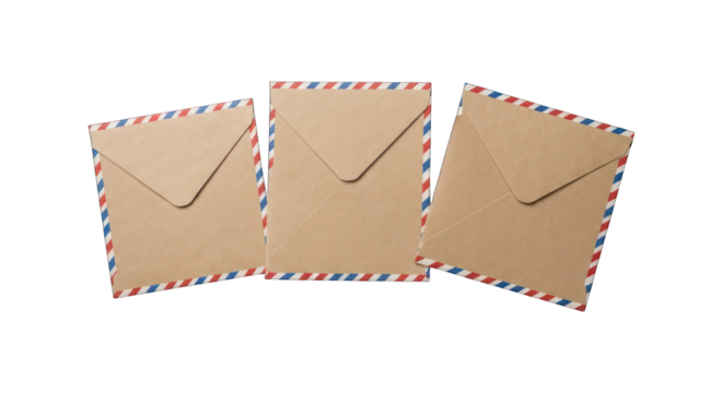 Three brown envelopes with red, white, and blue borders on a black background
