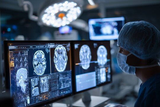 Surgeon analyzing brain scans on monitors in a sterile operating room environment. Concept for medical diagnosis, surgical planning and healthcare innovation