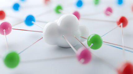 A white three-dimensional cloud computing icon connects via lines to multiple colorful nodes representing global data distribution ideal for technology presentation materials.