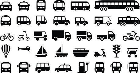 Large Collection of Black Silhouette Icons Representing Various Modes of Transportation