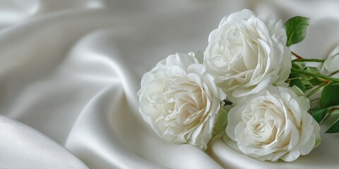 Obraz premium Elegant White Roses on Silk Fabric: Graceful Floral Beauty and Luxurious Textile Harmony
