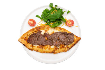 Top-down transparent PNG of Turkish carpaccio pide with fresh greens on a white round plate — ideal for menus, restaurant branding, and culinary design.