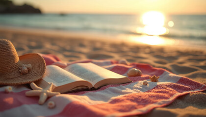 Open book on beach blanket near hat shells and starfish. Sunset sun reflects on ocean water. Vacation time reading relaxing getaway at the seashore