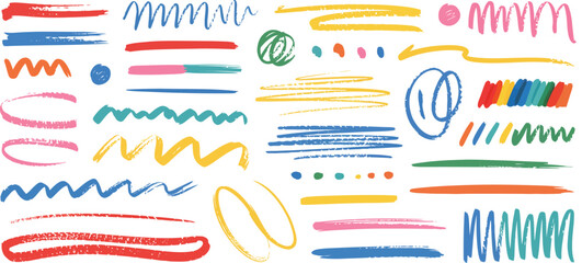 Assortment of Colorful Hand Drawn Brush Strokes and Doodles on White Background 