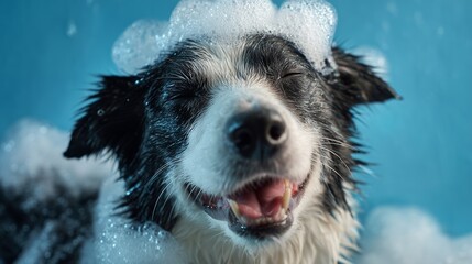 Close-up of a happy black and white Border Collie enjoying a foamy bath, eyes closed in pleasure. Concept for pet care products, dog grooming services and animal hygiene advertising
