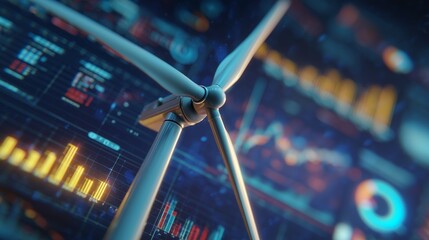 Close-up of a wind turbine against a backdrop of financial data and digital graphs; concept for sustainable investment, renewable energy sources and environmental responsibility